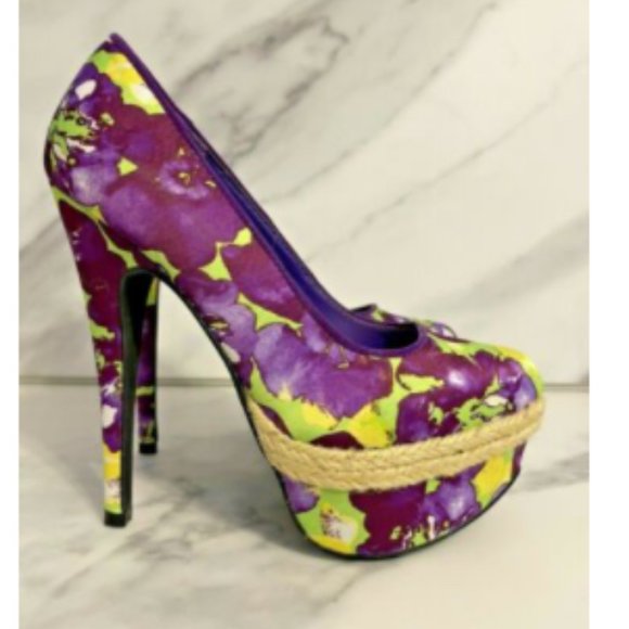 Purple & Green Floral Almond Toe Stiletto Platform - Picture 1 of 8